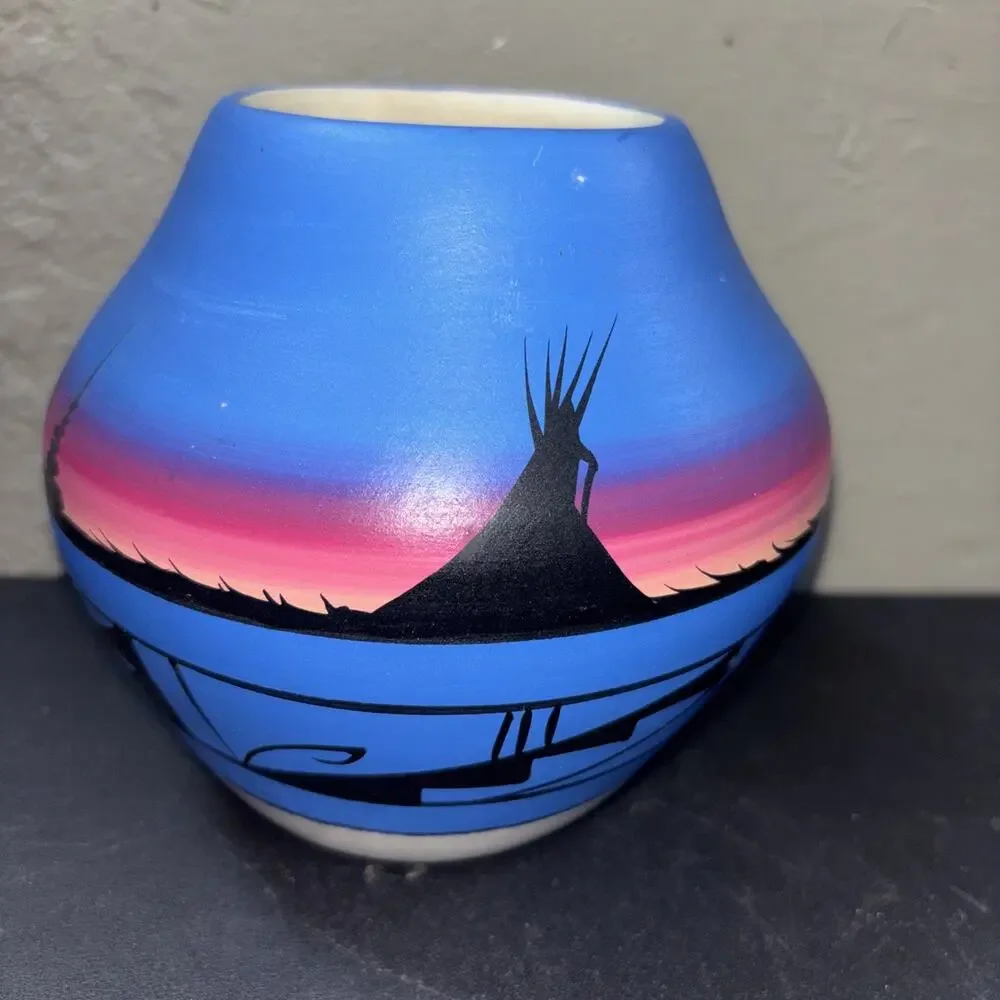Native American Hand Painted Vase Signed Approximately 5”x5”